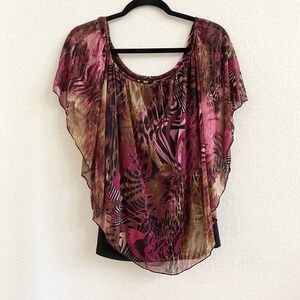 Butterfly Sleeve Chiffon Black Pink Animal Primt Top Blouse‎ SZ L
